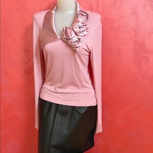 NWT Cottonade Pink Long Sleeve Top with Ruffled Collar Made in France L